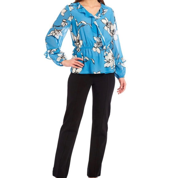 Calvin Klein Floral Print Chiffon Ruffle Trim V-Neck Long Sheer Sleeve Top, - Picture 11 of 11